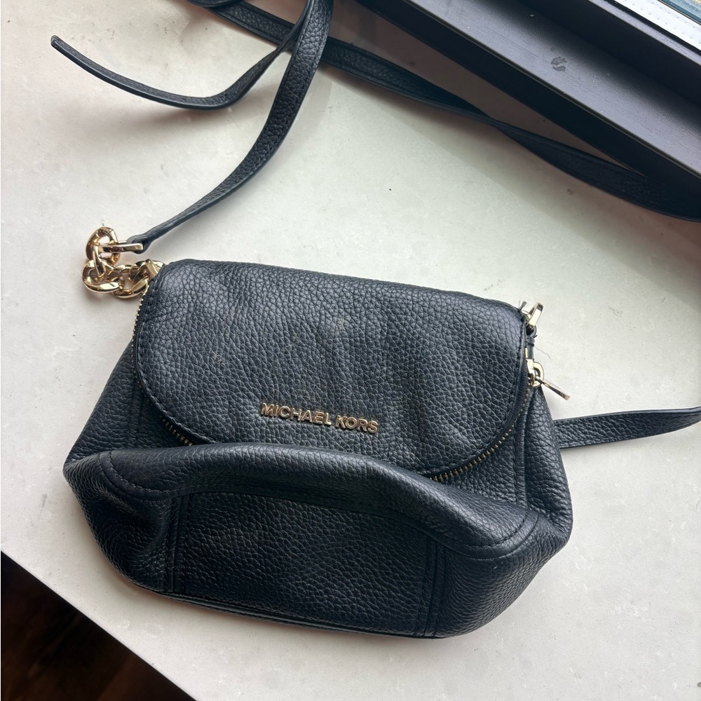 Michael Kors Black Pebbled Leather Small Crossbody with Gold Hardware